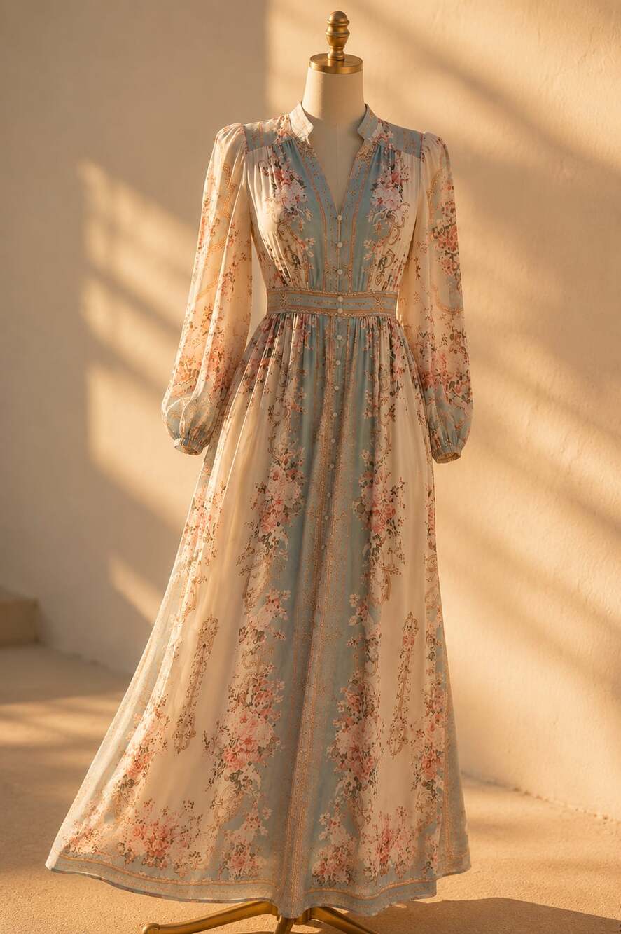 Bridgerton Regencycore Floral Maxi Dress Cottagecore Romantic Blue Pink Sm